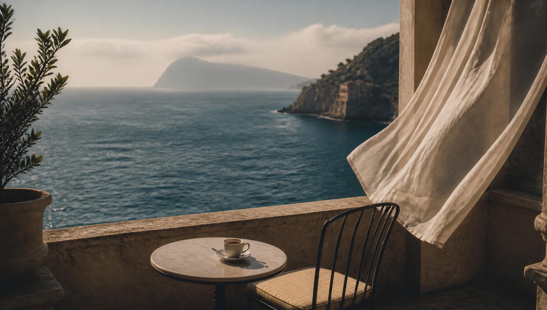 Quiet hotel terrace at golden hour overlooking a deep blue Mediterranean bay