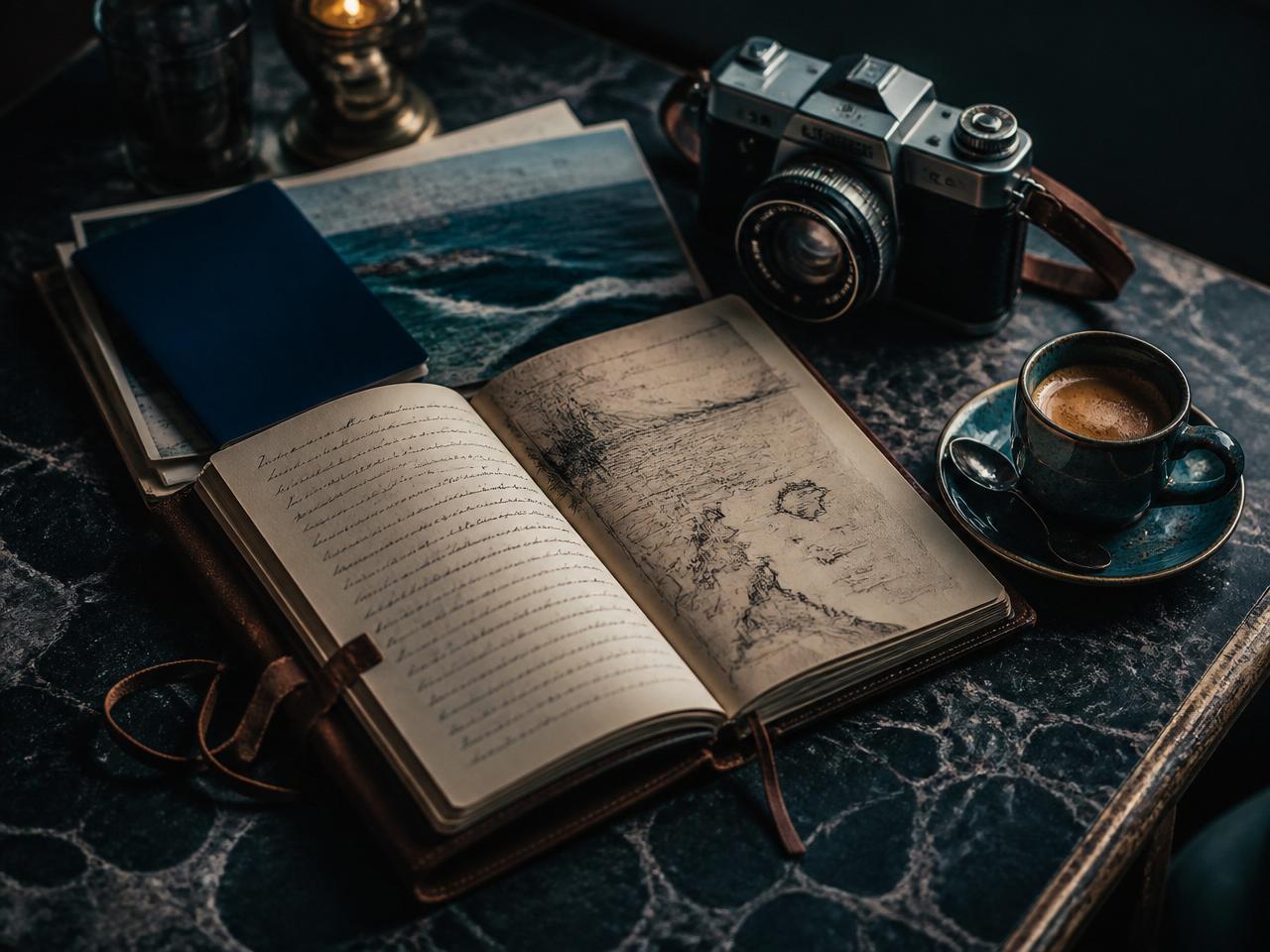 Travel journal, passport and camera on a table